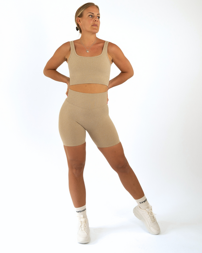 Beige Ribbed Seamless Biker Shorts